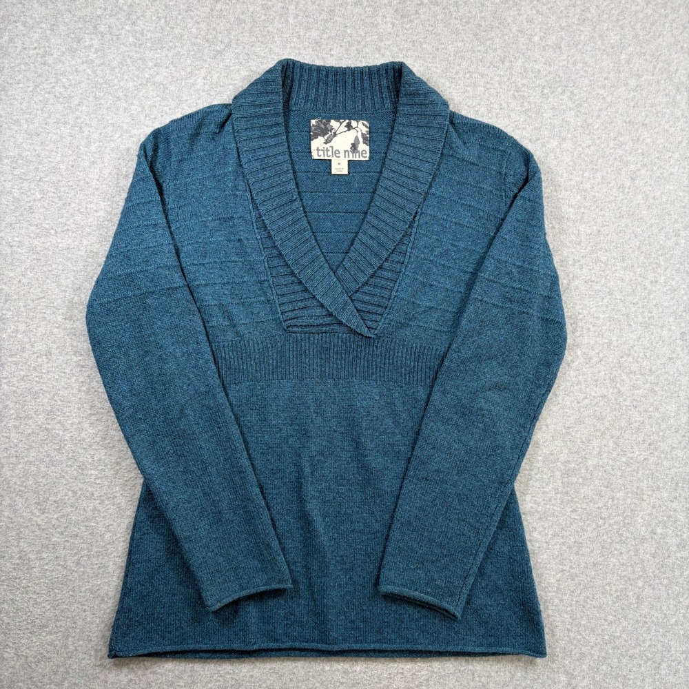 Title Nine Sweater Women's Medium Blue Merino Wool Blend V-Neck Pullover LS